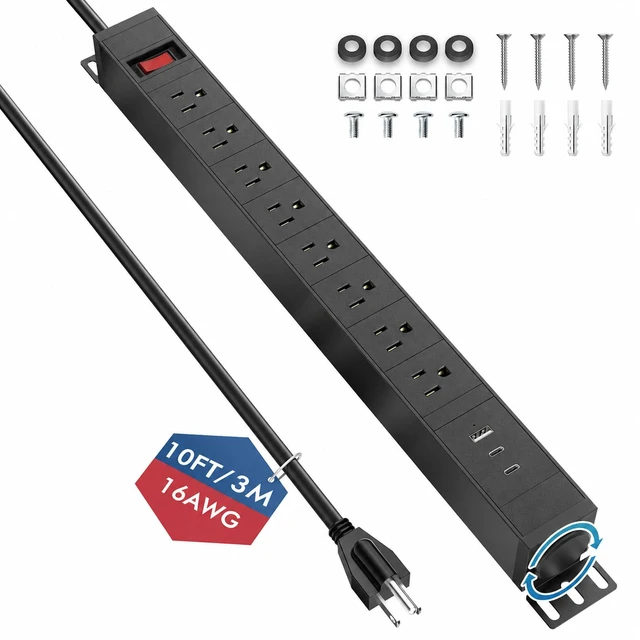 Main image of 360° Rotating Mountable Power Strip with USB Ports, 8 Outlet Surge Protector Power Strips Wall Mount, Metal Heavy Duty Versatile Outlet with 10FT Power Cord, Home Office Industrial Garage Commercial
