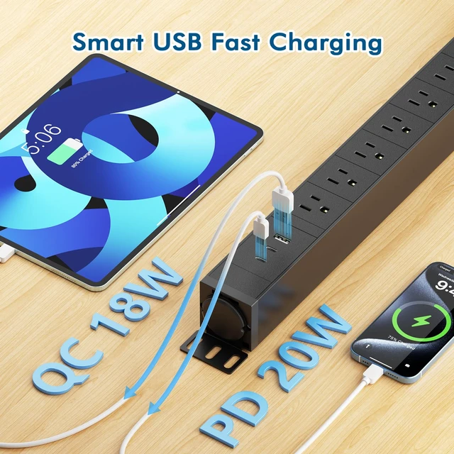 Alt view image 3 of 7 - 360° Rotating Mountable Power Strip with USB Ports, 8 Outlet Surge Protector Power Strips Wall Mount, Metal Heavy Duty Versatile Outlet with 10FT Power Cord, Home Office Industrial Garage Commercial