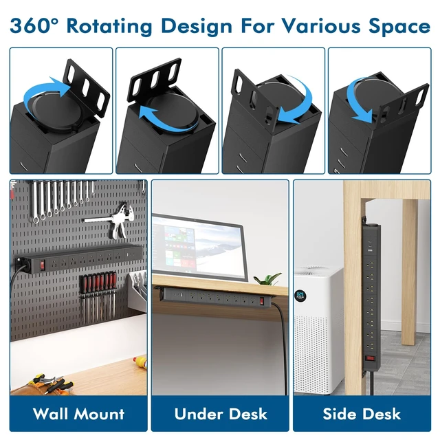 Alt view image 4 of 7 - 360° Rotating Mountable Power Strip with USB Ports, 8 Outlet Surge Protector Power Strips Wall Mount, Metal Heavy Duty Versatile Outlet with 10FT Power Cord, Home Office Industrial Garage Commercial