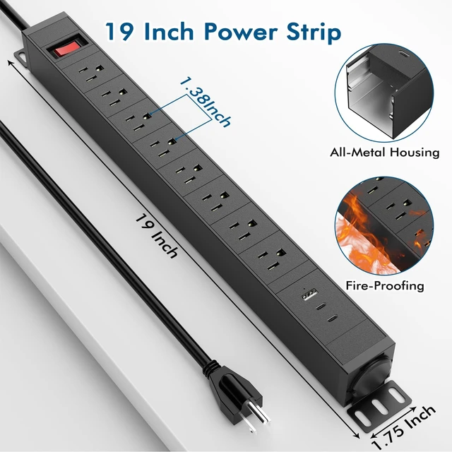 Alt view image 7 of 7 - 360° Rotating Mountable Power Strip with USB Ports, 8 Outlet Surge Protector Power Strips Wall Mount, Metal Heavy Duty Versatile Outlet with 10FT Power Cord, Home Office Industrial Garage Commercial
