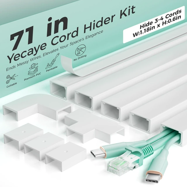 Main image of 71in Cord Hider, Cord Covers for Wires on Wall, W1.18in H0.6in Large Cable Concealer Kit for 3-4 Cords, TV Cord Hider for Wall Mounted, Self-Adhesive Wire Cable Raceway