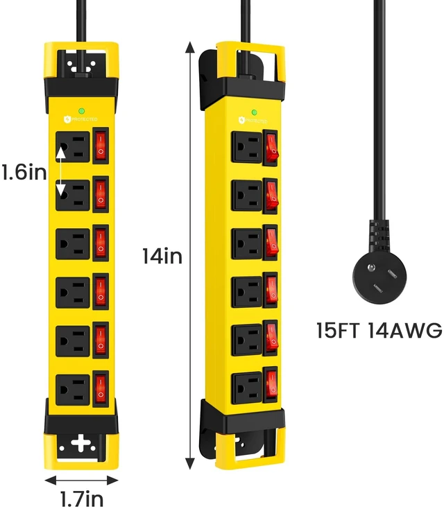 Alt view image 6 of 7 - Heavy Duty Power Strip with 1200J Surge Protector,14 Gauge,Yellow,15FT Individual Switch with Multiple Outlets,for Home Office Workshop Garage,ETL Listed