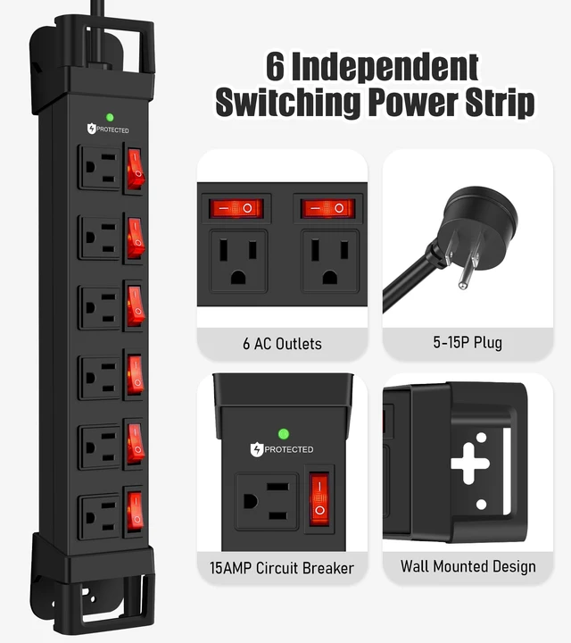 Alt view image 2 of 7 - Heavy Duty Power Strip with 1200J Surge Protector,14 Gauge,Black,15FT Individual Switch with Multiple Outlets,for Home Office Workshop Garage,ETL Listed
