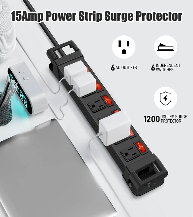Alt view image 3 of 7 - Heavy Duty Power Strip with 1200J Surge Protector,14 Gauge,Black,15FT Individual Switch with Multiple Outlets,for Home Office Workshop Garage,ETL Listed