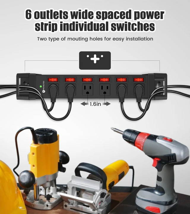 Alt view image 6 of 7 - Heavy Duty Power Strip with 1200J Surge Protector,14 Gauge,Black,15FT Individual Switch with Multiple Outlets,for Home Office Workshop Garage,ETL Listed