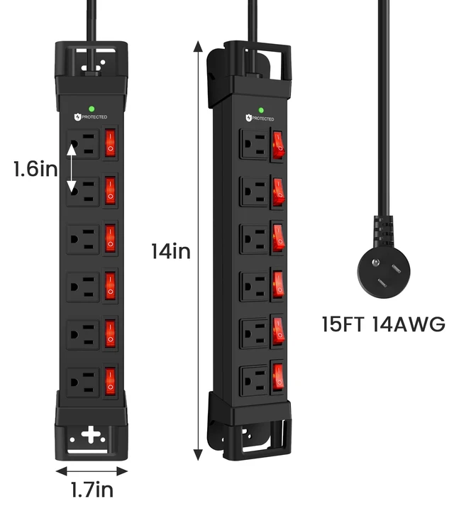 Alt view image 7 of 7 - Heavy Duty Power Strip with 1200J Surge Protector,14 Gauge,Black,15FT Individual Switch with Multiple Outlets,for Home Office Workshop Garage,ETL Listed