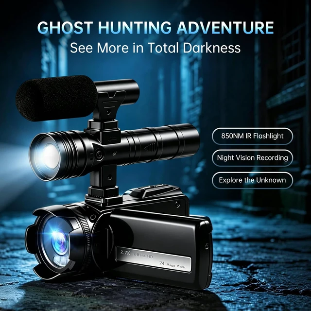 Alt view image 6 of 7 - 4K Video Camera, Ghost Camera with IR Light, Camcorder Digital with with External Microphone, 24X Digital Zoom, with Night Vision,YouTube Vlogging Camera Recorder