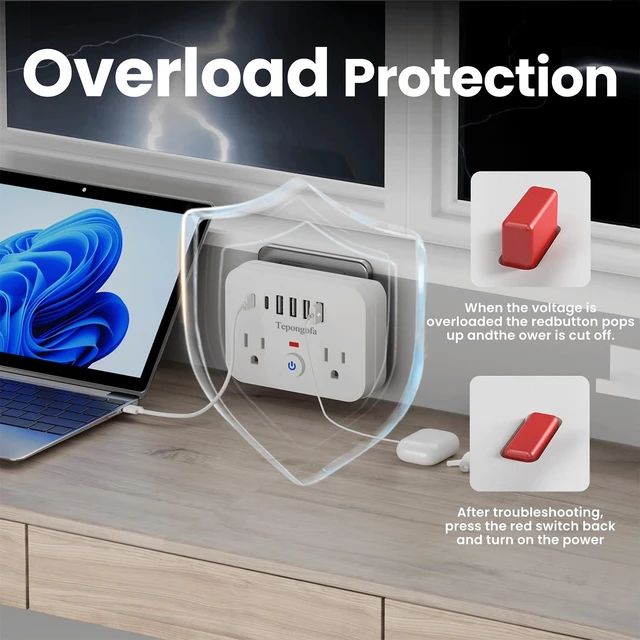 Alt view image 7 of 7 - Wall Charger,Surge Protector Outlet Extender, Multi Plug Splitter with 2 Electrical Outlets 4 USB Ports(2 USB C), Multiple Plug Mini Wall Expander for Home Bathroom Office Dorm Room Essentials (White)