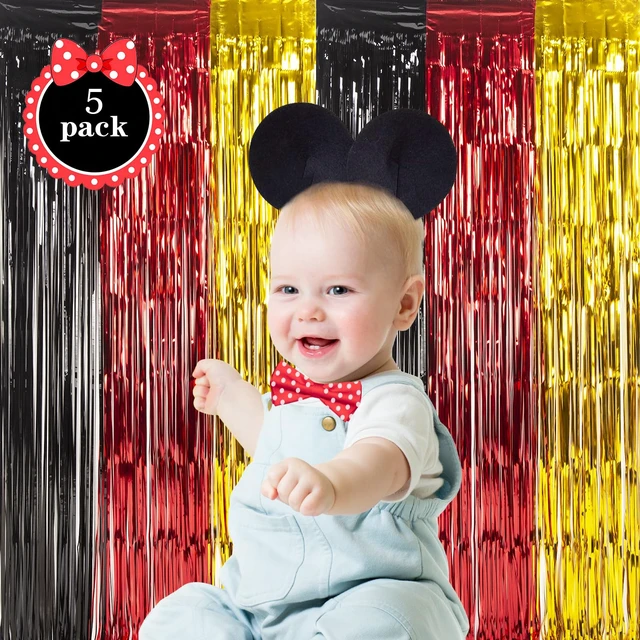 Alt view image 2 of 7 - Cartoon Mouse Birthday Party Supplies, 5PCS Cute Mouse Foil Fringe Curtains Black Red Gold Birthday Party Decorations, 3.3x6.6 ft Cute Mouse Photo Booth Props Metallic Backdrop Streamers for Boys Baby