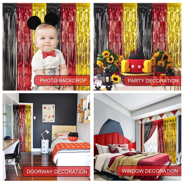 Alt view image 4 of 7 - Cartoon Mouse Birthday Party Supplies, 5PCS Cute Mouse Foil Fringe Curtains Black Red Gold Birthday Party Decorations, 3.3x6.6 ft Cute Mouse Photo Booth Props Metallic Backdrop Streamers for Boys Baby