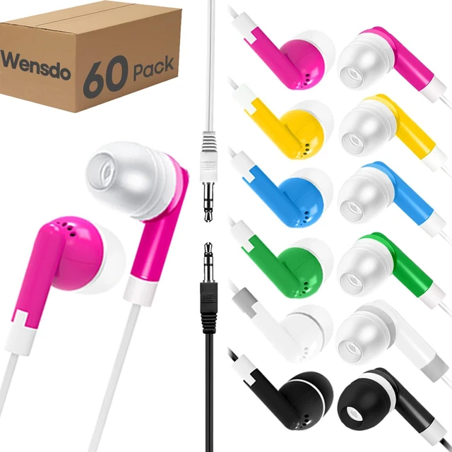 Main image of 60 Pack Earbud Bulk Kids Headphone for Classroom School, Wholesale Class Room Students Wired Earphones with 3.5 mm Jack for Computers Chromebook Laptop PC (Mixed Colors)