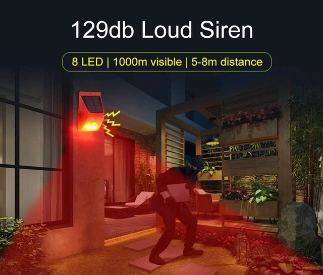 Alt view image 3 of 7 - Solar Motion Sensor Alarm Outdoor,Solar Alarm Motion Detector with Sound, 129db Sound Security Siren IP65 Waterproof Protected for Villa, Chicken coop, Farm, Yard, 2 Pack