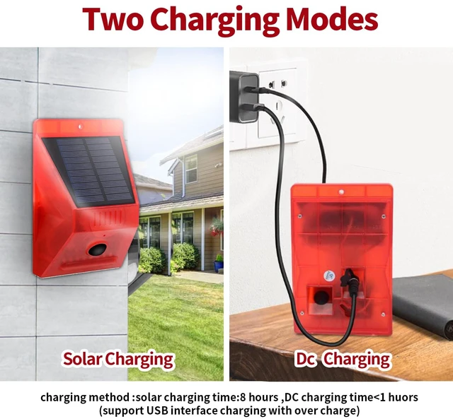 Alt view image 6 of 7 - Solar Motion Sensor Alarm Outdoor,Solar Alarm Motion Detector with Sound, 129db Sound Security Siren IP65 Waterproof Protected for Villa, Chicken coop, Farm, Yard, 2 Pack