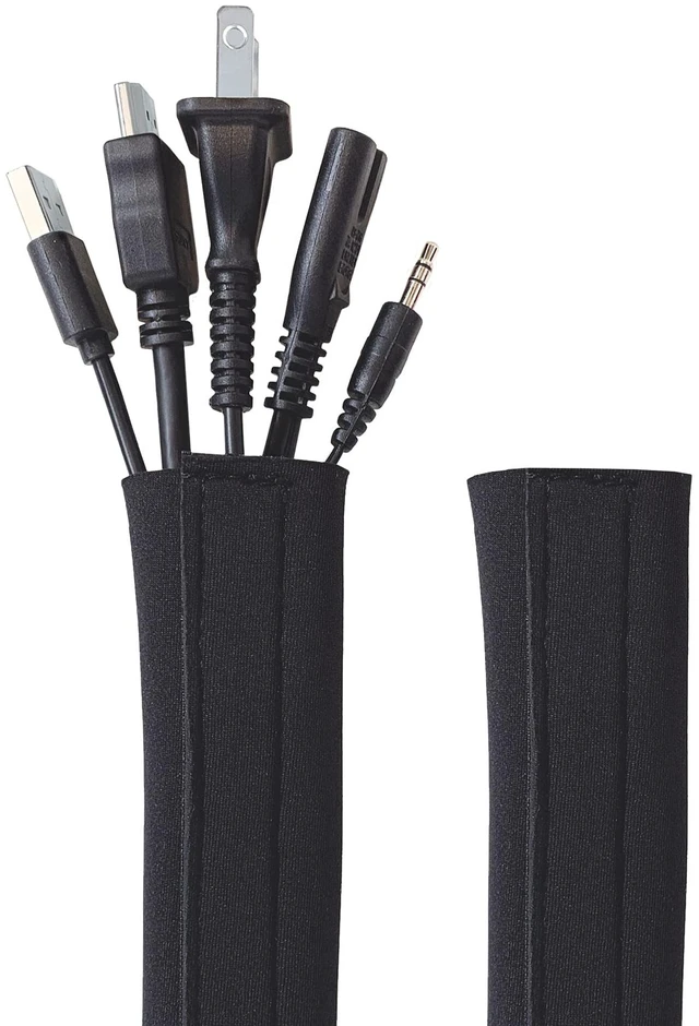 Main image of Hook and Loop Cable Sleeve, Black, 48", 2-Pack Cut-to-size wrap, opens along its whole length, for desk, computer, TV and home office cable management