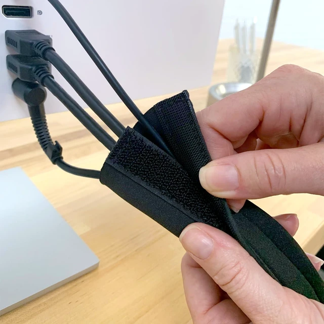 Alt view image 4 of 7 - Hook and Loop Cable Sleeve, Black, 120" Cut-to-size wrap, opens along its whole length, for desk, computer, TV and home office cable management