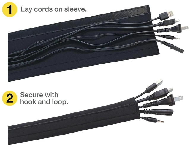 Alt view image 5 of 7 - Hook and Loop Cable Sleeve, Black, 48", 2-Pack Cut-to-size wrap, opens along its whole length, for desk, computer, TV and home office cable management