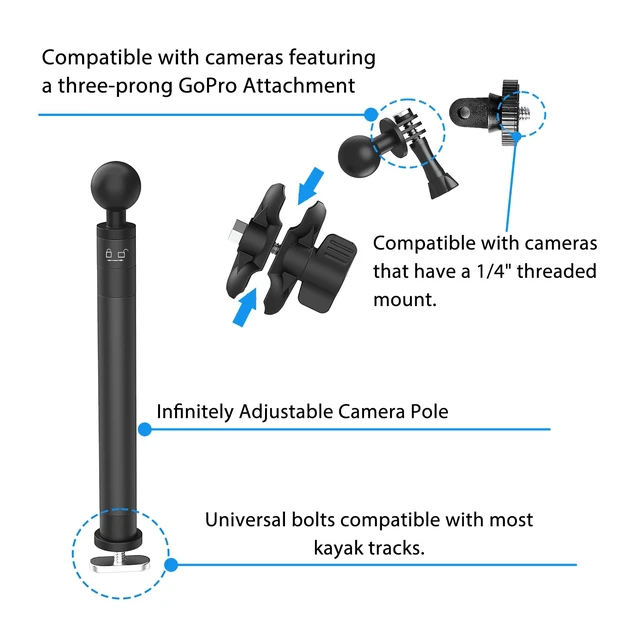 Alt view image 6 of 6 - 29" Adjustable Kayak Camera Mount with Infinitely Extendable Stand, Kayak Sports Camera Mounting Compatible with GoPro and 1/4" Threaded Cameras
