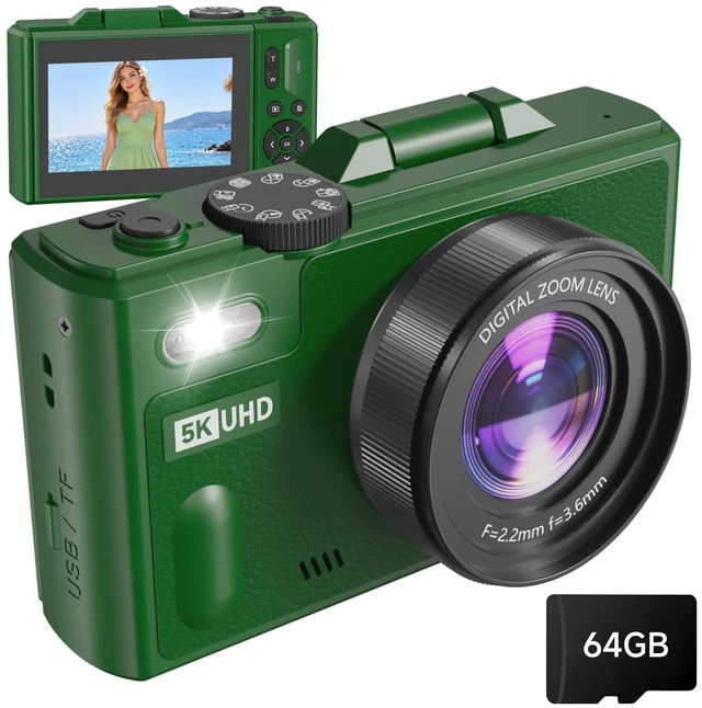 Main image of Digital Camera, 5K 80MP Camera Digital with 3" 180° Flip Screen with 18X Zoom, 64GB SD Card, Compact Travel Camera for YouTube with Anti-Shake, Camera for Teens(Deep Green)