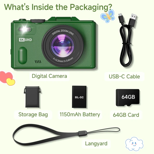 Alt view image 3 of 7 - Digital Camera, 5K 80MP Camera Digital with 3" 180° Flip Screen with 18X Zoom, 64GB SD Card, Compact Travel Camera for YouTube with Anti-Shake, Camera for Teens(Deep Green)