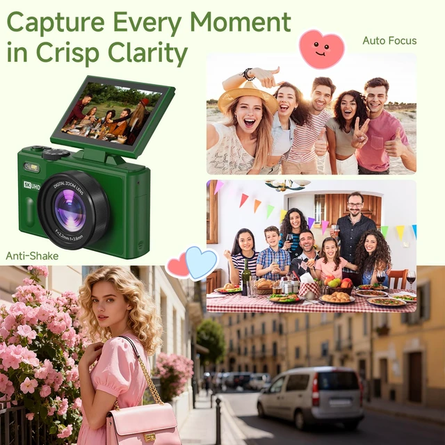 Alt view image 2 of 7 - Digital Camera, 5K 80MP Camera Digital with 3" 180° Flip Screen with 18X Zoom, 64GB SD Card, Compact Travel Camera for YouTube with Anti-Shake, Camera for Teens(Deep Green)