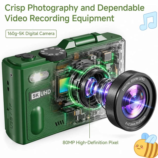 Alt view image 4 of 7 - Digital Camera, 5K 80MP Camera Digital with 3" 180° Flip Screen with 18X Zoom, 64GB SD Card, Compact Travel Camera for YouTube with Anti-Shake, Camera for Teens(Deep Green)