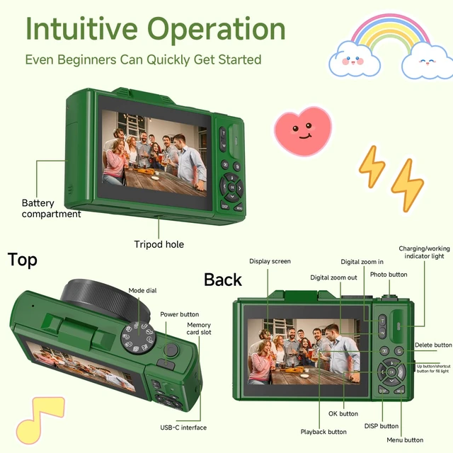 Alt view image 6 of 7 - Digital Camera, 5K 80MP Camera Digital with 3" 180° Flip Screen with 18X Zoom, 64GB SD Card, Compact Travel Camera for YouTube with Anti-Shake, Camera for Teens(Deep Green)