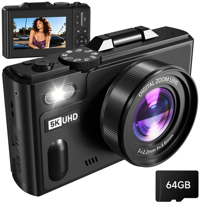 Main image of Digital Camera, 5K 80MP Digital Camera for Photography with 3" 180° Flip Screen with 18X Zoom, 64GB SD Card, Travel Camera for YouTube with Anti-Shake, Camera for Teens