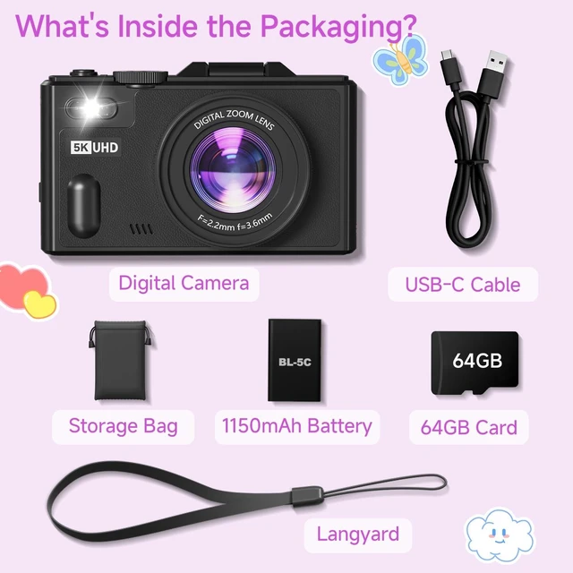Alt view image 3 of 7 - Digital Camera, 5K 80MP Digital Camera for Photography with 3" 180° Flip Screen with 18X Zoom, 64GB SD Card, Travel Camera for YouTube with Anti-Shake, Camera for Teens