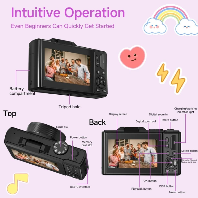 Alt view image 6 of 7 - Digital Camera, 5K 80MP Digital Camera for Photography with 3" 180° Flip Screen with 18X Zoom, 64GB SD Card, Travel Camera for YouTube with Anti-Shake, Camera for Teens