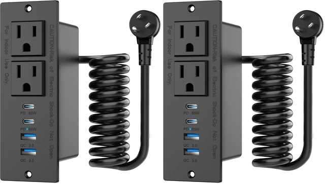 Main image of 65W Furniture Drawer Outlet Kit, Recessed Outlet with 4 USB Ports & 2 AC Outlets, Recessed Power Strip for Home, Office,14 AWG-6FT Spring Cord (Pack of 2)