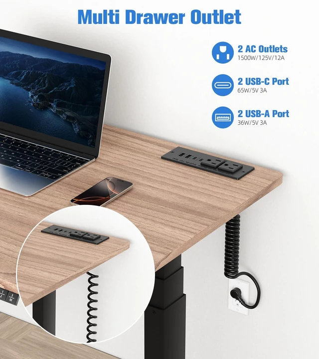 Alt view image 2 of 7 - 65W Furniture Drawer Outlet Kit, Recessed Outlet with 4 USB Ports & 2 AC Outlets, Recessed Power Strip for Home, Office,14 AWG-6FT Spring Cord (Pack of 2)