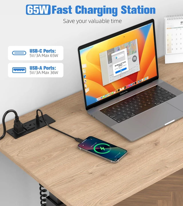 Alt view image 3 of 7 - 65W Furniture Drawer Outlet Kit, Recessed Outlet with 4 USB Ports & 2 AC Outlets, Recessed Power Strip for Home, Office,14 AWG-6FT Spring Cord (Pack of 2)