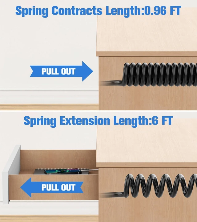 Alt view image 6 of 7 - 65W Furniture Drawer Outlet Kit, Recessed Outlet with 4 USB Ports & 2 AC Outlets, Recessed Power Strip for Home, Office,14 AWG-6FT Spring Cord (Pack of 2)