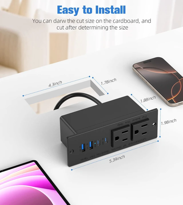 Alt view image 7 of 7 - 65W Furniture Drawer Outlet Kit, Recessed Outlet with 4 USB Ports & 2 AC Outlets, Recessed Power Strip for Home, Office,14 AWG-6FT Spring Cord (Pack of 2)