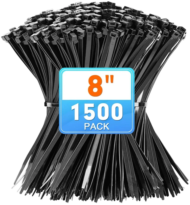 Main image of 8 Inch Black Nylon Zip Ties, 1500 Pack Self-Locking 50lb Tensile UV Resistant Construction, HeavyDuty Performance, Suitable For Both Indoor And Outdoor Securing Applications