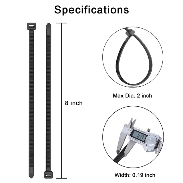 Alt view image 2 of 7 - 8 Inch Black Nylon Zip Ties, 1500 Pack Self-Locking 50lb Tensile UV Resistant Construction, HeavyDuty Performance, Suitable For Both Indoor And Outdoor Securing Applications