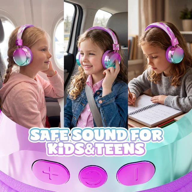 Alt view image 2 of 7 - Kids Bluetooth Headphones with mic, 74/85dB Limited, 60H Playtime Fast charging, Bluetooth 5.4, foldable over-ear, AUX for iPad, tablet, airplane, Wireless headphones for kids, Aura Series