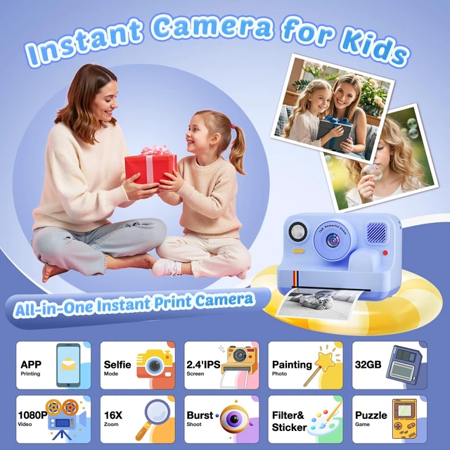 Alt view image 2 of 7 - Instant Print Camera for Kids, App Printing, 1080P Video, Dual-Lens Selfie Digital Camera with 32G SD, Christmas Birthday Gifts for Girls Boys 4 5 6 7 8 9 10 11 12 Year Old, Toddler Toy_Blue