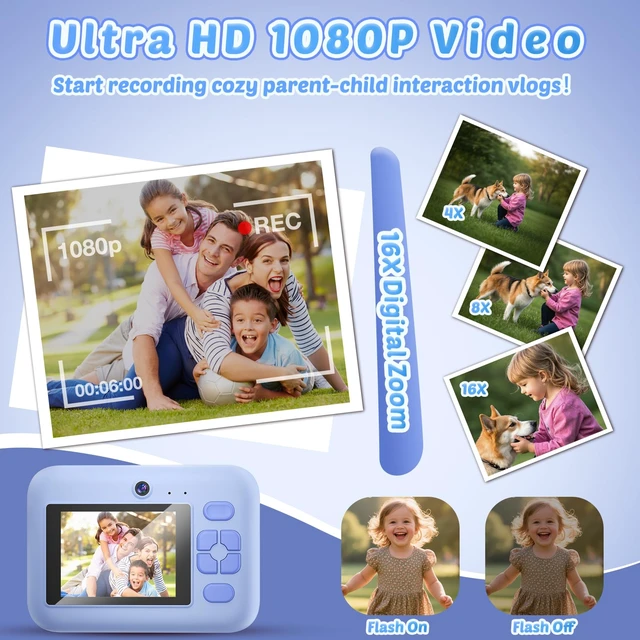 Alt view image 5 of 7 - Instant Print Camera for Kids, App Printing, 1080P Video, Dual-Lens Selfie Digital Camera with 32G SD, Christmas Birthday Gifts for Girls Boys 4 5 6 7 8 9 10 11 12 Year Old, Toddler Toy_Blue