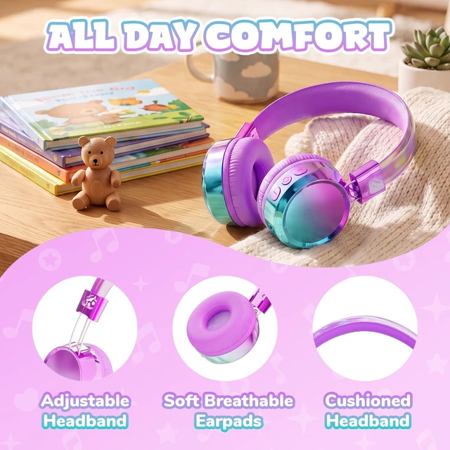 Alt view image 3 of 7 - Kids Bluetooth Headphones with mic, 74/85dB Limited, 60H Playtime Fast charging, Bluetooth 5.4, foldable over-ear, AUX for iPad, tablet, airplane, Wireless headphones for kids, Aura Series