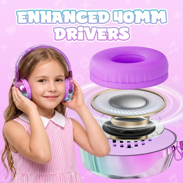 Alt view image 4 of 7 - Kids Bluetooth Headphones with mic, 74/85dB Limited, 60H Playtime Fast charging, Bluetooth 5.4, foldable over-ear, AUX for iPad, tablet, airplane, Wireless headphones for kids, Aura Series