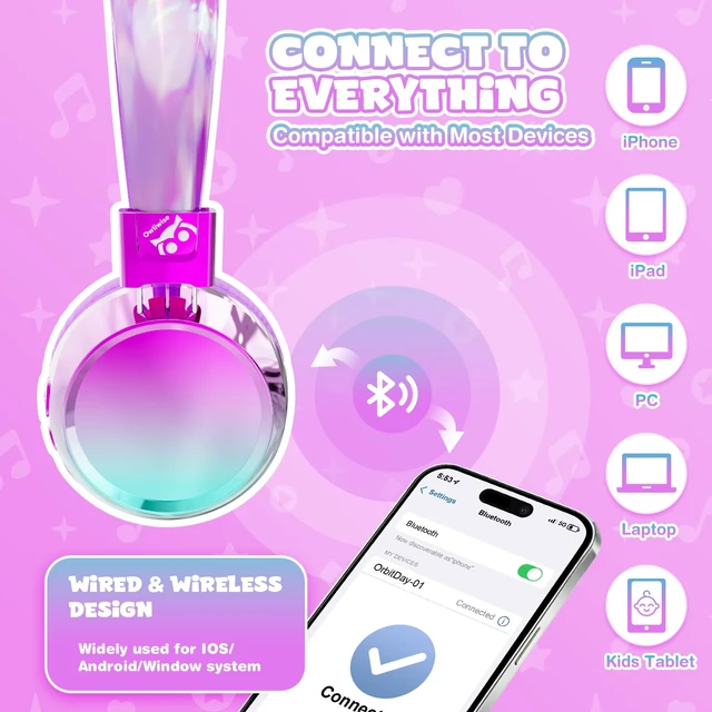 Alt view image 5 of 7 - Kids Bluetooth Headphones with mic, 74/85dB Limited, 60H Playtime Fast charging, Bluetooth 5.4, foldable over-ear, AUX for iPad, tablet, airplane, Wireless headphones for kids, Aura Series