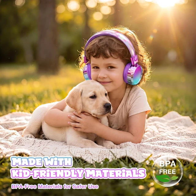 Alt view image 6 of 7 - Kids Bluetooth Headphones with mic, 74/85dB Limited, 60H Playtime Fast charging, Bluetooth 5.4, foldable over-ear, AUX for iPad, tablet, airplane, Wireless headphones for kids, Aura Series