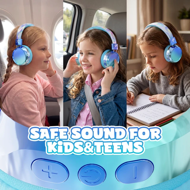 Alt view image 2 of 7 - Kids Bluetooth Headphones with mic, 74/85dB Limited, 60H Playtime Fast charging, Bluetooth 5.4, foldable over-ear, AUX for iPad, tablet, airplane, Wireless headphones for kids, Aura Series