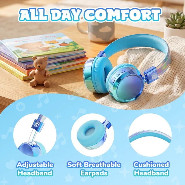 Alt view image 3 of 7 - Kids Bluetooth Headphones with mic, 74/85dB Limited, 60H Playtime Fast charging, Bluetooth 5.4, foldable over-ear, AUX for iPad, tablet, airplane, Wireless headphones for kids, Aura Series