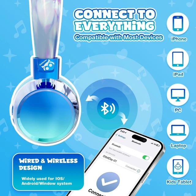 Alt view image 5 of 7 - Kids Bluetooth Headphones with mic, 74/85dB Limited, 60H Playtime Fast charging, Bluetooth 5.4, foldable over-ear, AUX for iPad, tablet, airplane, Wireless headphones for kids, Aura Series