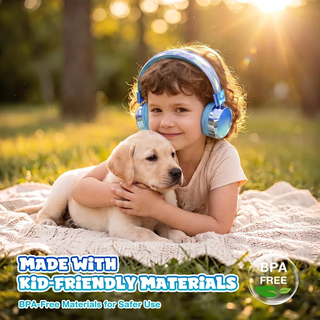 Alt view image 6 of 7 - Kids Bluetooth Headphones with mic, 74/85dB Limited, 60H Playtime Fast charging, Bluetooth 5.4, foldable over-ear, AUX for iPad, tablet, airplane, Wireless headphones for kids, Aura Series