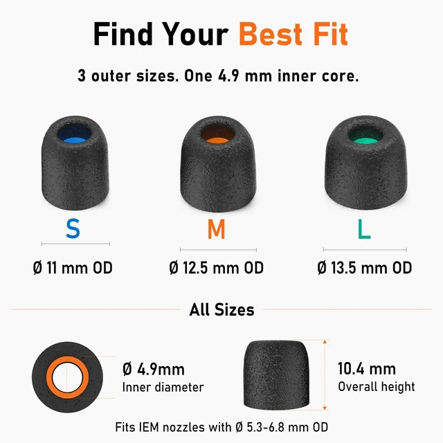 Alt view image 7 of 7 - 6-Pair Memory Foam IEM Ear Tips for in-Ear Monitor Headphones Replacement Eartips for KZ, Moondrop, FiiO, Sennheiser and More, Noise Isolating, Comfortable, Secure Fit (Medium, Black)