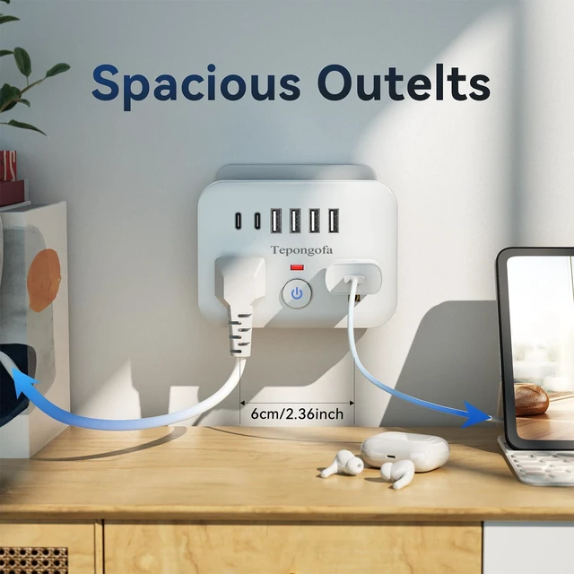 Alt view image 3 of 7 - Wall Charger,Surge Protector Outlet Extender, Multi Plug Splitter with 2 Electrical Outlets 4 USB Ports(2 USB C), Multiple Plug Mini Wall Expander for Home Bathroom Office Dorm Room Essentials (White)