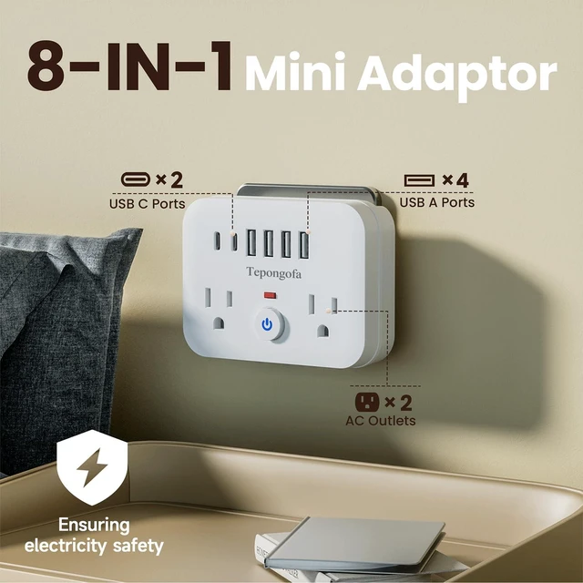 Alt view image 5 of 7 - Wall Charger,Surge Protector Outlet Extender, Multi Plug Splitter with 2 Electrical Outlets 4 USB Ports(2 USB C), Multiple Plug Mini Wall Expander for Home Bathroom Office Dorm Room Essentials (White)